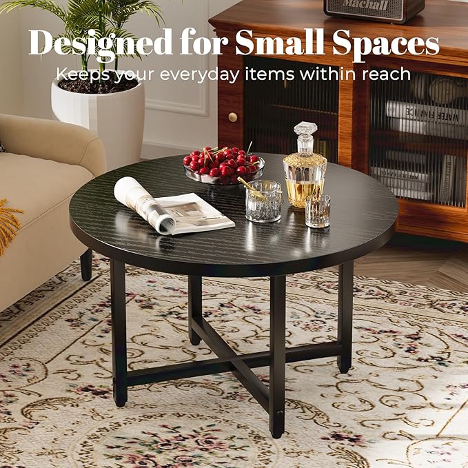 Round Coffee Table, Small Coffee Tables for Living Room, Black Coffee Table with Metal Frame, Floor Table Desk for Sitting on The Floor, Home, Office, Farmhouse, Black (23.6" D x 17.7" H)