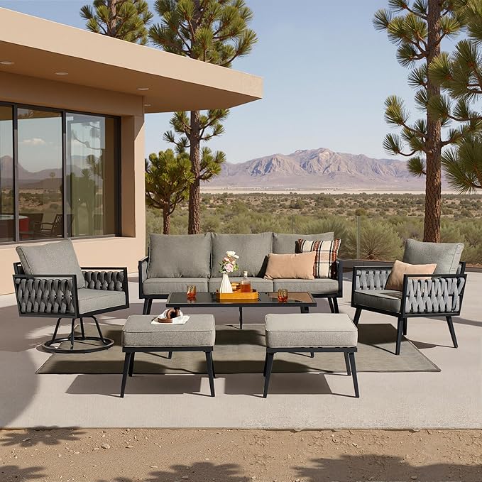 Weaxty Modern Patio Furniture Set 6 Piece, Rope Outdoor Patio Conversation Sets Sectional Sofa Swivel Chairs Table Ottoman, All Weather Metal Balcony Furniture for Backyard Garden, Grey