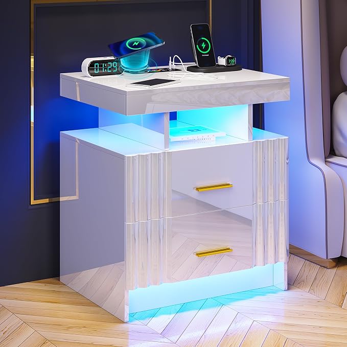 Nightstand with Charging Station, White LED Night Stand with 2 Drawers, High Gloss Bedside Table with Auto Sensor 24-Color Lights/Wireless/Type-C/USB Charging for Bedroom by SKKTKT