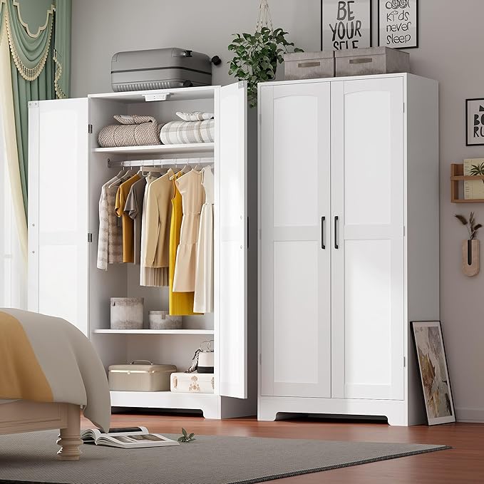 Wooden Armoire Wardrobe Closet, Wardrobe Cabinet with Door and Shelves, Freestanding Bedroom Armoires Clothing Storage Cabinet with Hanging Rod for Bedroom, Laundry Room, Cloak Room（White）