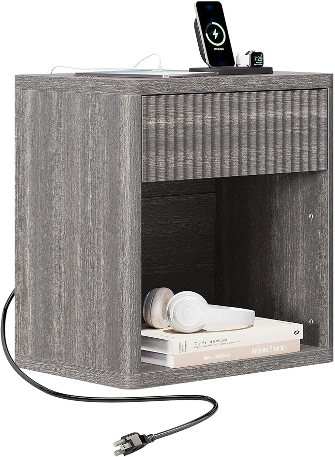 Fluted Nightstand with Drawer Bed Side Table Wide End Table Modern Night Stands with Large Storage Charging Station Mid Century for Bedroom Living Room Office,Gray by TROJMHome
