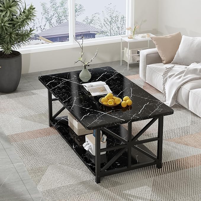 AWQM Faux Marble Coffee Table for Living Room,Modern 2-Tier Coffee Table with Storage,Rectangular Center Table for Sofa,Sturdy Frame,Black