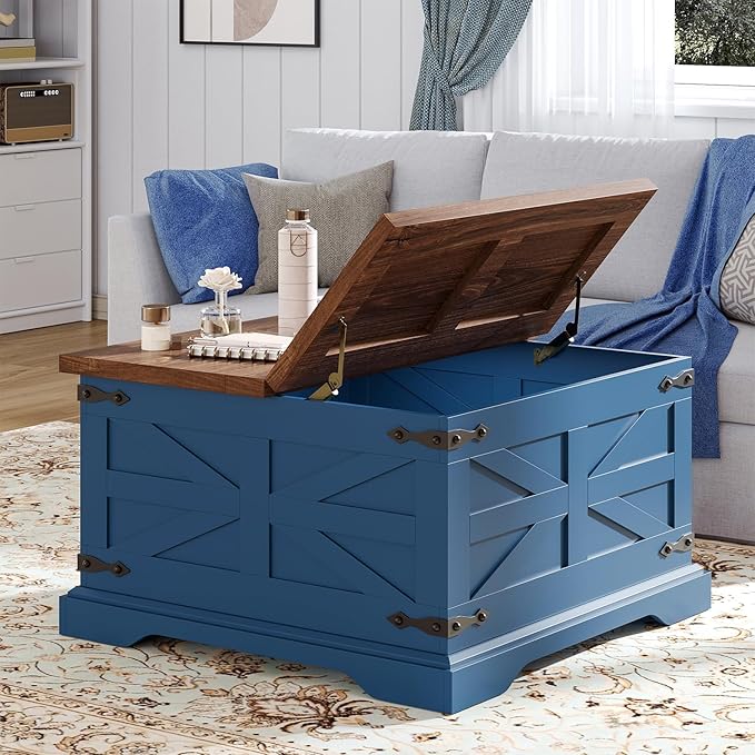 Blue Coffee Table with Storage, Farmhouse Square Center Table with Walnut Top for Living Room, Hinged Lift Soft Close, Large Hidden Storage, Modern Metal Corner, Blue Wood