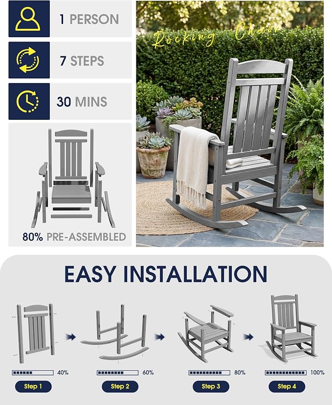 KINGYES Oversized HDPE Outdoor Rocking Chair Set of 2, All-Weather Patio Rocking Chair, Weather Resistant Porch Rocker for Adults, Light Gray - Image 8