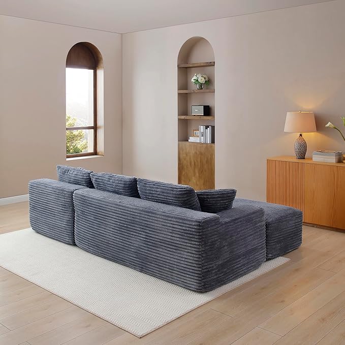 105-Inch L-Shaped Right Facing Corner Compressed Sofa Modular Sectional Boneless Cloud Sofa Floor Foam Couch with Chaise Lounge, Corduroy Corner Boneless Cloud Couch