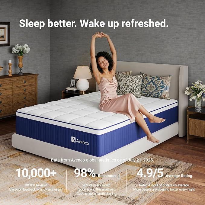 Avenco Queen Mattress 10 Inch, Queen Hybrid Mattress with Gel Memory Foam and Smarts Coil Pocket Springs, Pressure Relief & Motion Isolation, CertiPUR-US Certified, Mattresses in a Box
