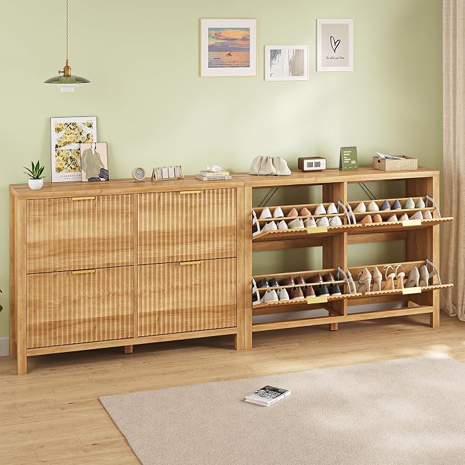 YOMILUVE Shoe Cabinet Storage for Entryway, Fluted Shoe Cabinet with 4 Flip Drawers, Hidden Shoe Rack Freestanding Wooden Shoe Organizer with Legs for Hallway, Oak - Image 9