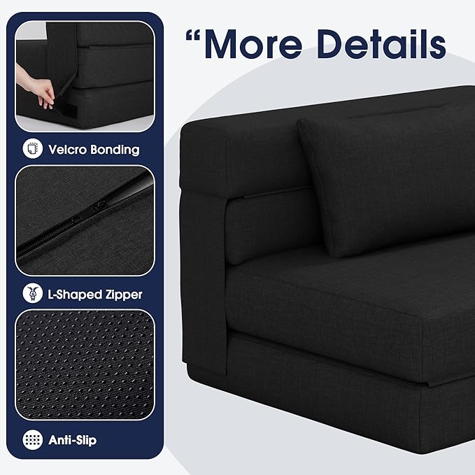 KINGYES 3 in 1 Foldable Chair Bed, Folding Sleeper Chair with Back Cushion, Convertible Chair Bed Sleeper for Adults, Black