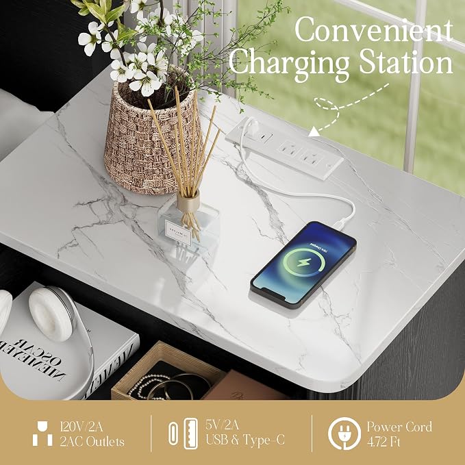 Fluted Nightstand with Drawer, Bedside Table with Faux Marble-Top, Modern Nightstand with Charging Station, Drawers and Open Shelf, Curved Corners, Modern Night Stand for Bedroom, Black - Image 5
