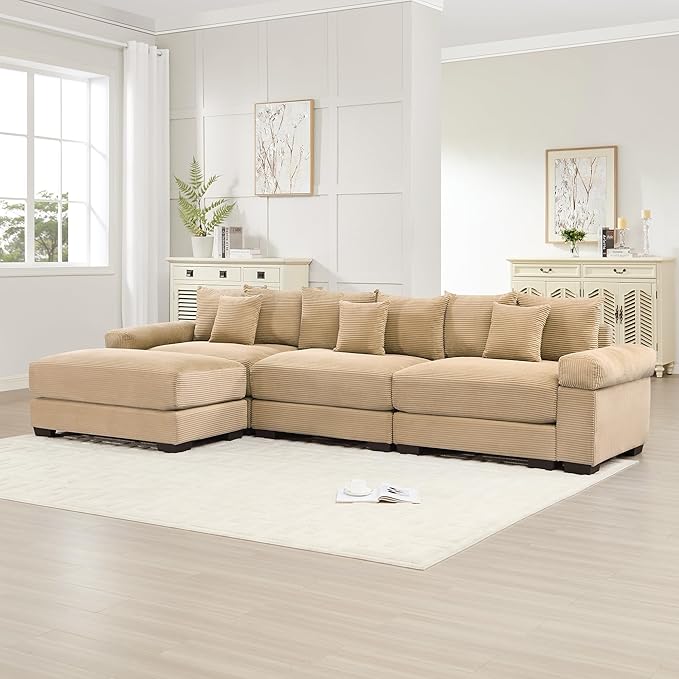 KEIKI 130" L-Shaped Oversized Corduroy Modular Cloud Sectional Sofa with 1 Ottoman, High-Density Foam Cushion, Extra-Thick Armrest, 3-Seater Fluffy Corner Couch with 9 Pillow, for Living Room, Camel