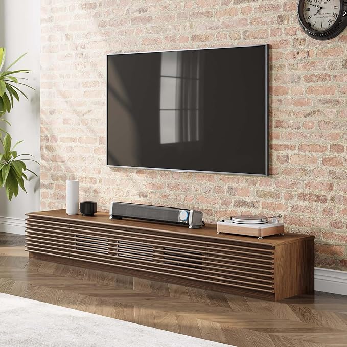 POVISON Wood Media Console, 94.48" Mid-Century Modern TV Stand with Storage, Assembly-Free Slatted TV Cabinet with Customized Compartments & Solid Pinewood Drawer by POVISON