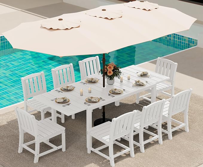 SERWALL 10-Piece Patio Dining Sets with 15FT Patio Umbrella, 60" - 83" Expandable Outdoor Dining Table and 8 HDPE Chairs, All Weather HDPE Outdoor Furniture Set, White (Umbreall Base not Included) by SERWALL