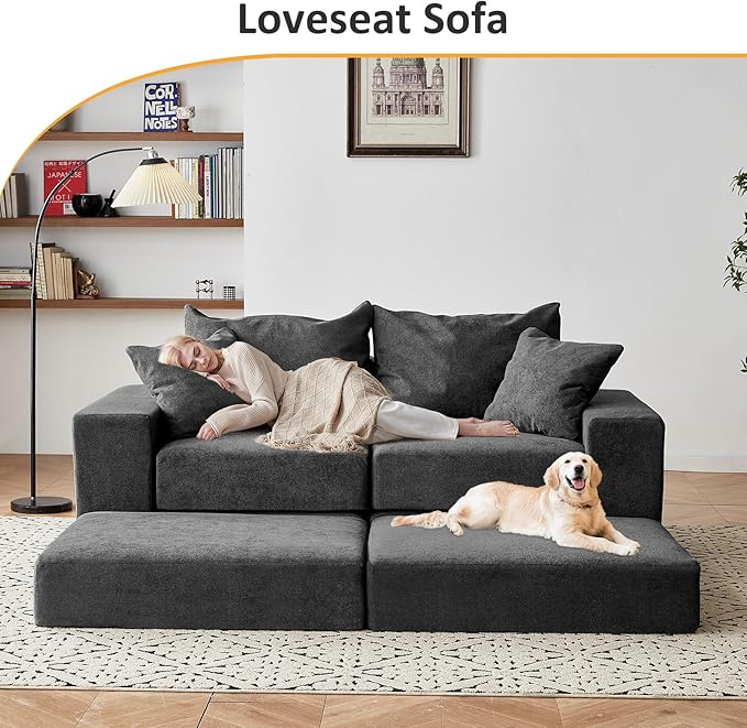 Modular Sectional Loveaeat Cloud Sofa, Boneless Couch with Non Slip Base, Cozy Sleeper Sofa for Customizable Living Spaces, Modern Modular Couch with L-Shape Chaise, Deep Seat & No Assembly, Grey