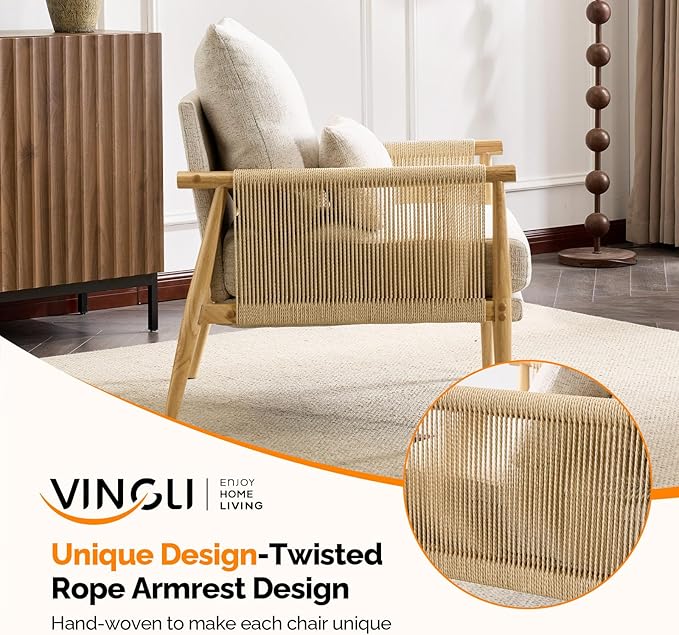 VINGLI Boho Braid Accent Armchairs Set of 2,Mid-Century Modern Chiars with Solid Wooden Armrest,Comfy Louge Cushion Chairs with Waist Pillow for Bedroom,Living Room,Reading Room, Gray Beige