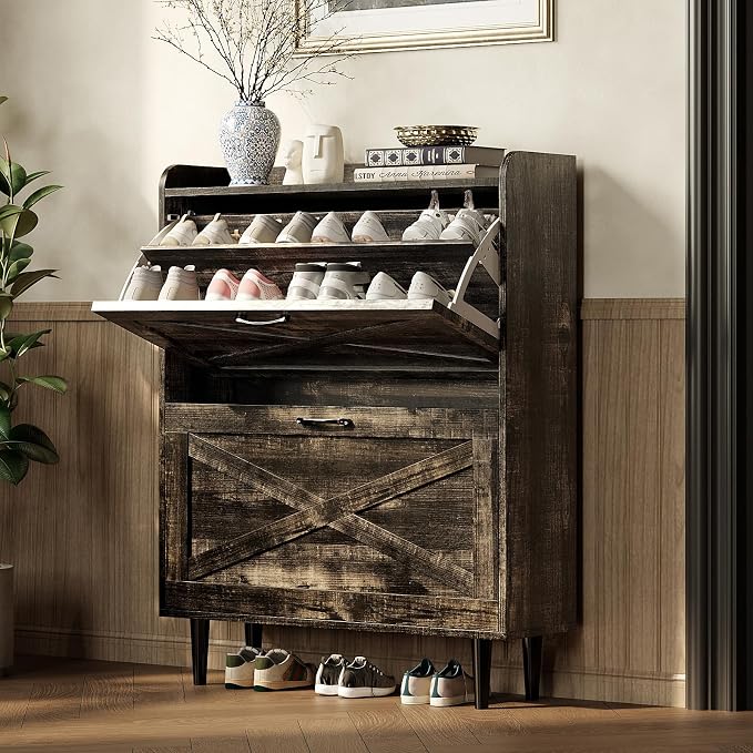 VINGLI Shoe Storage Cabinet for Entryway with 2 Flip Drawers, Ultra Slim Freestanding Entryway Shoe Organizer with Wood Tapered Legs,Hidden Closed Shoe Rack,31.6"W * 9.4"D * 39.4"H, Dark Rustic Oak - Image 8
