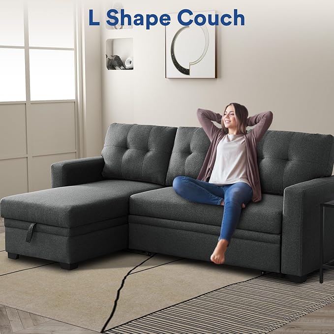 Rovibek 82" Convertible Sofa Bed Couch with Storage - 4 in 1 L Shaped Sofa with Pull Out Couch Bed for Living Room, Apartment, Office, Small Spaces, Dark Grey