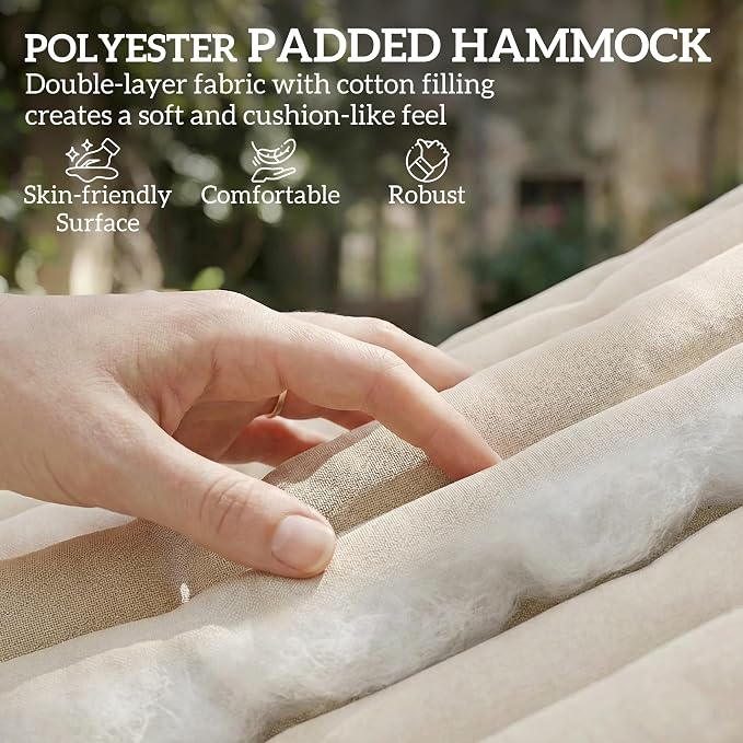 Outsunny Outdoor Hammock, 2-Person Hammock with Head Pillow and Pad, Wood Spreader Bars, 440 lbs Capacity, for Patio Yard Garden, 128" x 55", Cream White - Image 3