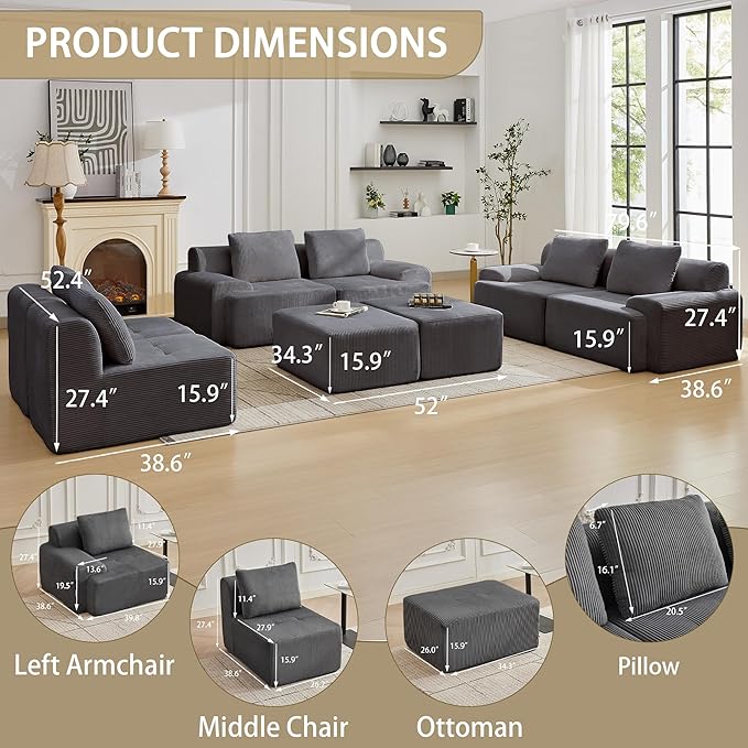 Modular Sectional Sofa with Movable Ottoman, 6 Seat Deep Seat Couch with 6 Pillows, Comfy Cloud Sectional Sofa for Living Room, Bedroom and Apartment (Grey, 2 Left+2 Right+2 Middle+2 Ottoman)