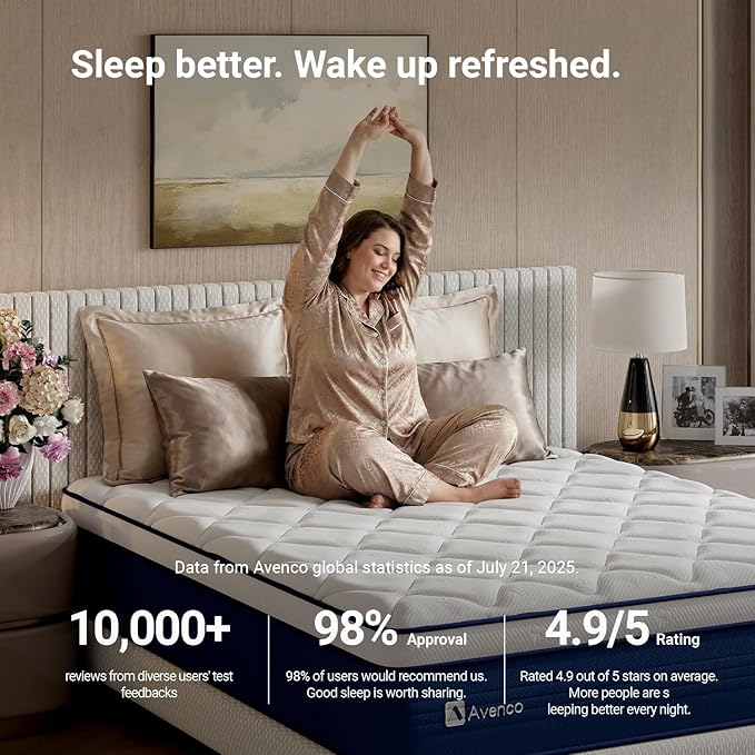 Avenco 12 Inch Queen Mattress in a Box, Hypoallergenic & Back Pain Relief, Hybrid Queen Size Mattresses with Smarts Coils, Fiberglass Free CertiPUR-US Certified Colchones No Box Spring Needed