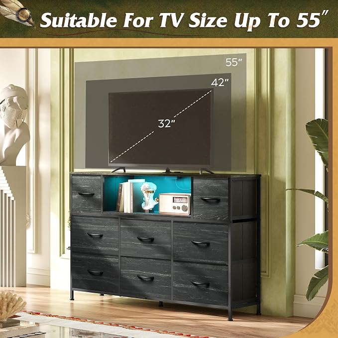 WLIVE Black Dresser TV Stand for 45, 50, 55 inch TV, Entertainment Center with LED Lights & Charging Station, Chest of Drawers with 8 Fabric Drawers and Open Shelves for Living Room, Hallway, Wood Top - Image 7