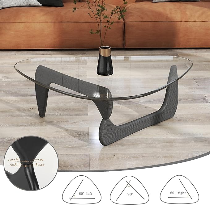Black Coffee Table for Living Room, Mid Century Small Coffee Tables, Rustic Clear Center Table with Tempered Glass & Solid Wood Base, Triangle Coffee Table for Small Spaces