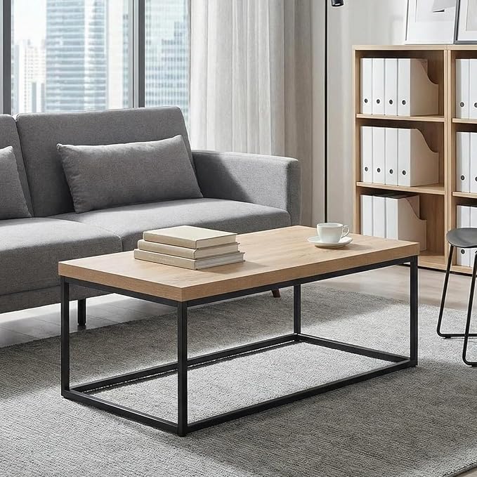 CENSI 47-Inch Natural Oak Coffee Table for Living Room, Modern Industrial Rectangular Wood and Metal Center Table with Extra Thick Tabletop (Natural Wood)