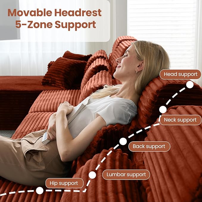 141" U-Shaped Cloud Modular Sectional Sofa with Chaise & Headrest, Boneless Deep Seat Plush Corduroy Couches for Large Living Room, No Assembly Required (Orange, 141" U-shapred Chaise)