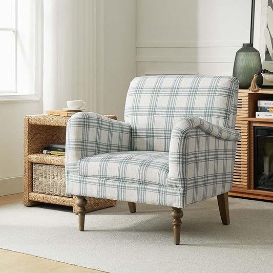 HULALA HOME Modern Accent Chair with Arms and Wooden Legs, Comfy Upholstered Armchair for Living Room, Bedroom (Plaid Pattern, Blue)