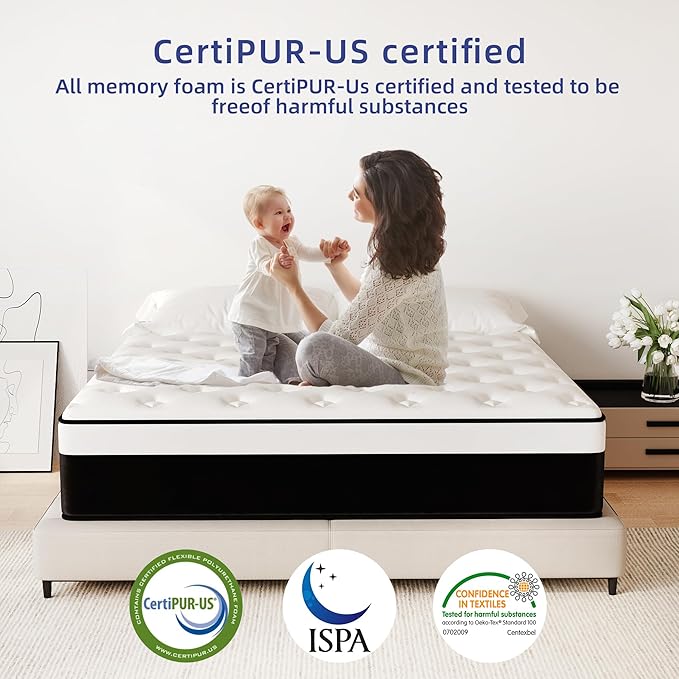 Queen Mattress, 12 Inch Queen Hybrid Mattress in a Box with Memory Foam, Medium Firm, Euro Top, Reinforced Edge Support, Pressure Relief & Motion Isolation, CertiPUR-US Certified