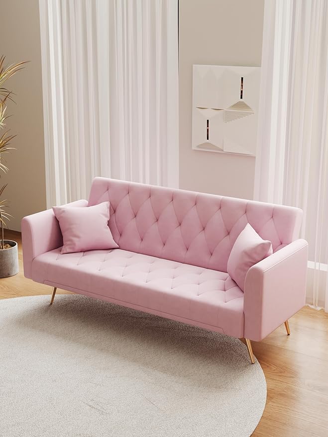 KEIKI 71 INCH Loveseat Sofa with Adjustable Backrest, Upholstered 2 Seater Velvet Couch for Living Room Bedroom Office Apartment, Pink
