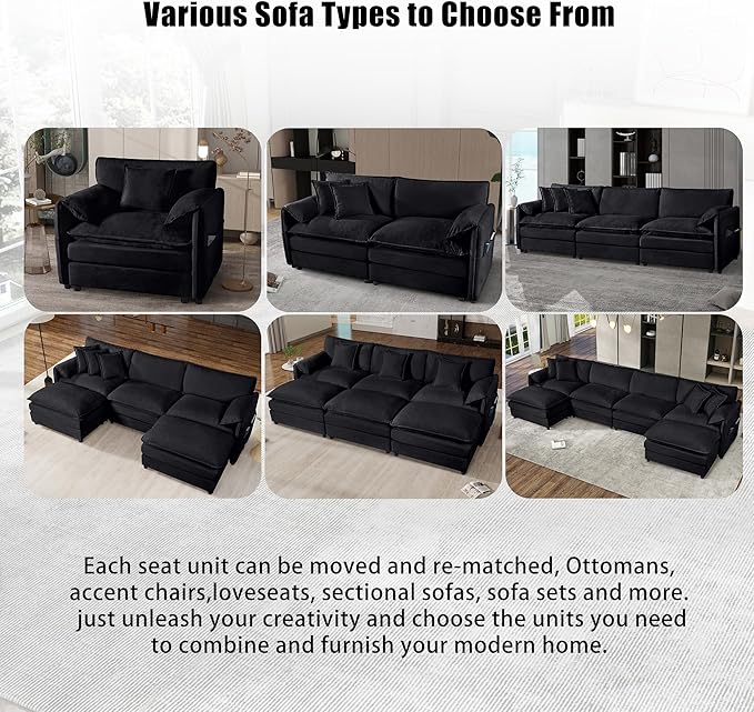 109-Inch U-Shaped Sectional Cloud Sofa Oversized Modular 5 Seaters Sofa Couch with 2 Ottoman Chaise and Pillow Armrest, Chenille Upholstered Convertible Cloud Couch