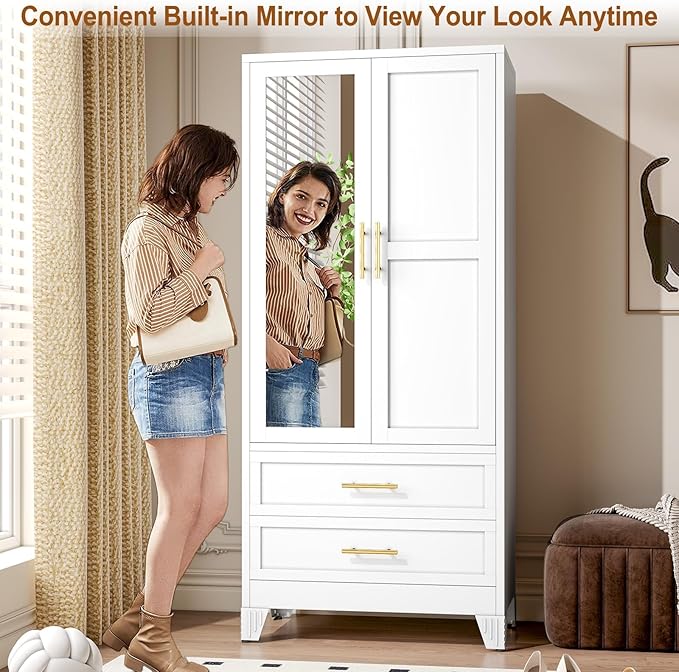 Metal Armoire Wardrobe Closet Storage Cabinet with 2 Doors White, 71'' Wardrobe with Hanging Rod Metal Closet with Adjustable Shelf and 2 Drawers, Freestanding Storage Cabinet for Bedroom