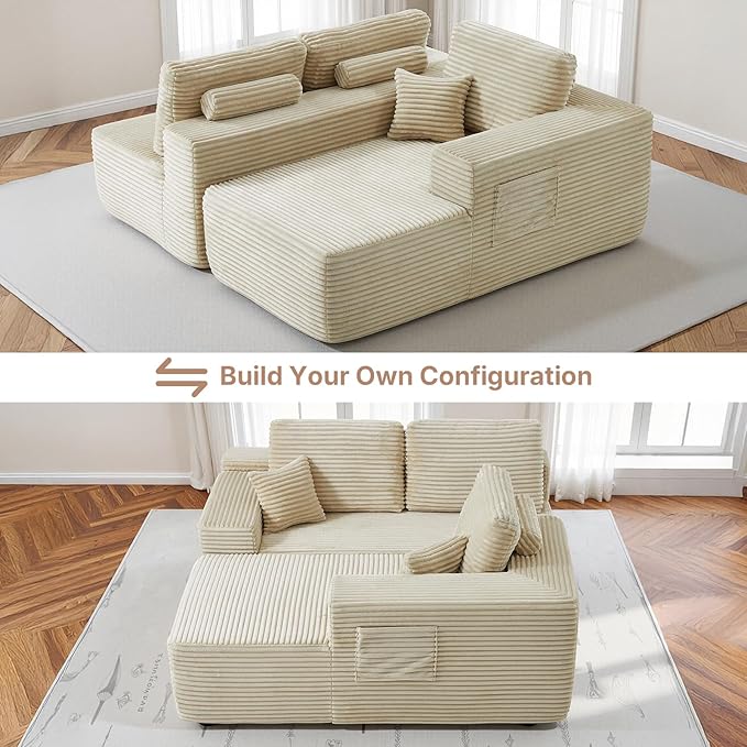104 inch Boneless L-Shaped Sectional Sofa with Throw Pillow & Side Pockets- No Assembly Compressed Modular Couch, Memory Foam, Deep Seat for Living Room, Bedroom, Apartment White Right