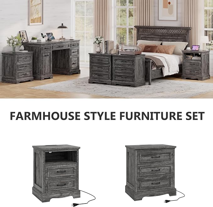Farmhouse Nightstand Set of 2, Wood Night Stand with 3 Drawers and Charging Station Modern Bedside Table for Bedroom End Side Table Storage Cabinet Small 6 Drawers Dresser (2, Dark Gray) - Image 5