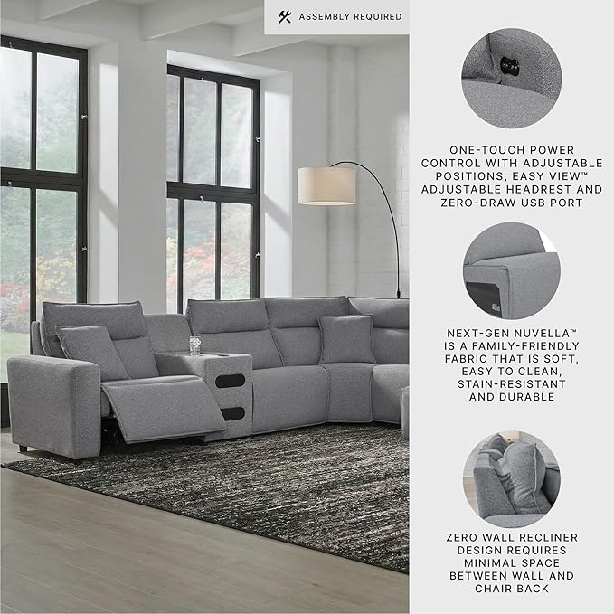 Signature Design by Ashley ModMax II Stain Resistant Contemporary U-Shaped 6-Piece Power Reclining Sectional Chaise and Audio Console, Adjustable Headrest, USB Ports, Storage and Cup Holders, Gray