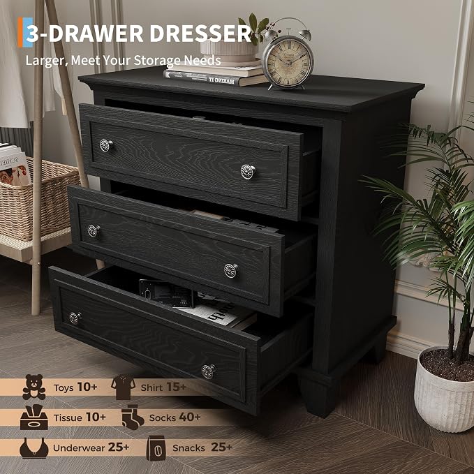 GAOMON 3 Drawer Dresser for Bedroom, Black Wood Chest of Drawers Bedroom Dresser, Rustic Small Drawers Dressers Nightstand Wooden Closet Storage Cabinet for Living Room - Image 4