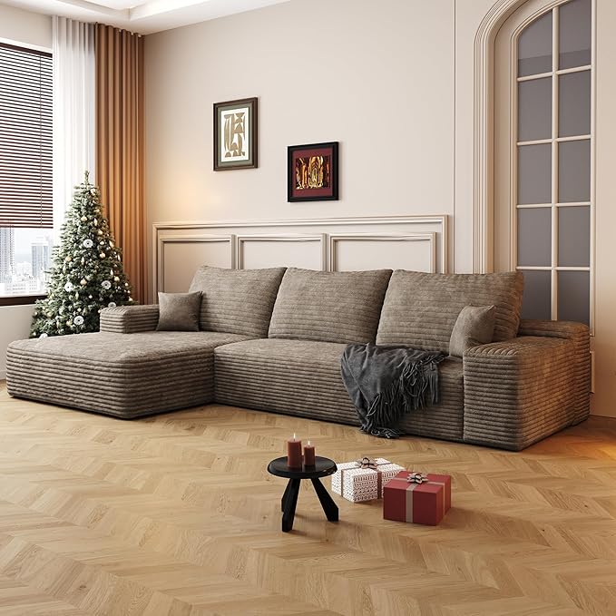 Eafurn Oversized L-Shaped Modular Sectional Sofa with Chaise, Fluffy Corduroy Upholstered Boneless Couch with Deep Seat, Minimalist Flexible Combination for Living Room | Breathable material, Full Foam, Anti-slip