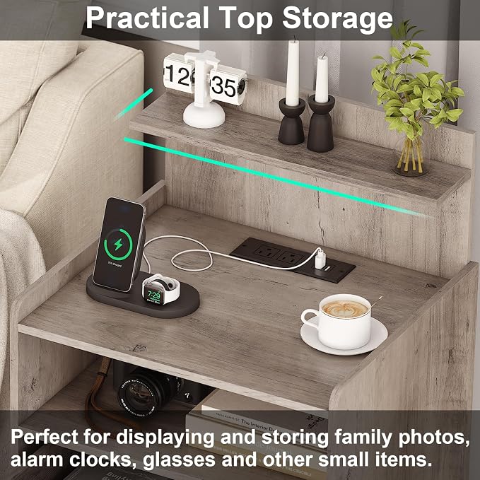 Nightstand Set of 2 with Charging Station and LED Lights, Bedside Table with 2 Drawers and Open Storage Shelf, 2 USB Ports and 2 AC Outlets, LED Night Stands for Bedroom Set of 2, Grey - Image 6