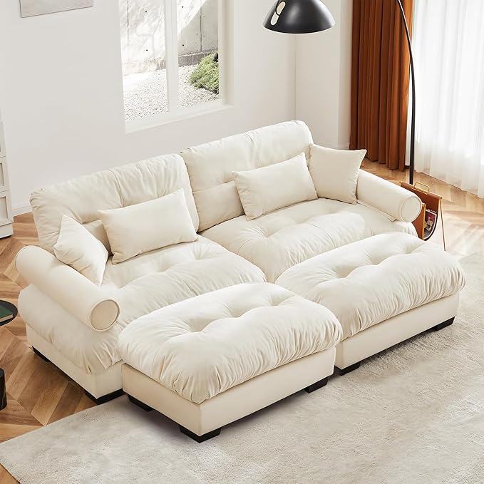KEIKI 94" Oversized Velvet Modular Sectional Loveseat Sofa with 2 Ottoman, High-Density Foam Cushions and Bolstered Armrests, Upholstered 2-Seater Cloud Couch with 4 Pillow, for Living Room, Cream