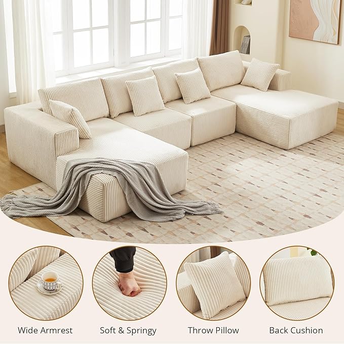 Cloud Boneless Couch 137" Modern Sectional U-Shaped Comfy No Assembly Required Convertible Compression Sleeper Modular Sofa with Corduroy Fabric Deep Seat Single + Chaise for Living Room