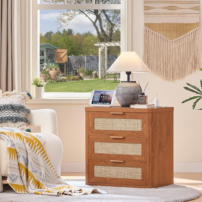 LEYAOYAO Rattan Night Stand with Charger Station, 23" Large 3 Drawer Boho Nightstand, Tea Brown Bedside Table Storage Cabinet, Bed Side End Tables for Bedroom, Living Room, Hallway - Image 7