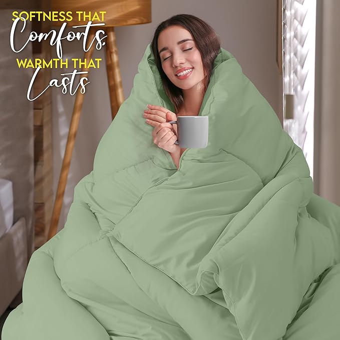 Utopia Bedding King Comforter Duvet Insert, Quilted Sage Green Comforter with Corner Tabs, Box Stitched Down Alternative Comforters King Size 90 x 102 inches