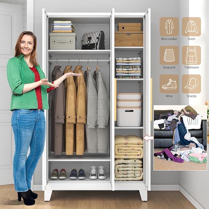 75.3" Tall Metal Armoire Wardrobe Closet with 3 Doors, Adjustable Hanging Rod and 5 Adjustable Shelves, Freestanding Storage Cabinet Organizer for Bedroom, Office, Laundry Room， White