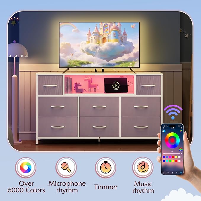 WLIVE Purple Dresser TV Stand for 45, 50, 55 inch TV, Entertainment Center with LED Lights & Charging Station, Chest of Drawers with 8 Fabric Drawers and Open Shelves for Living Room, Hallway - Image 5