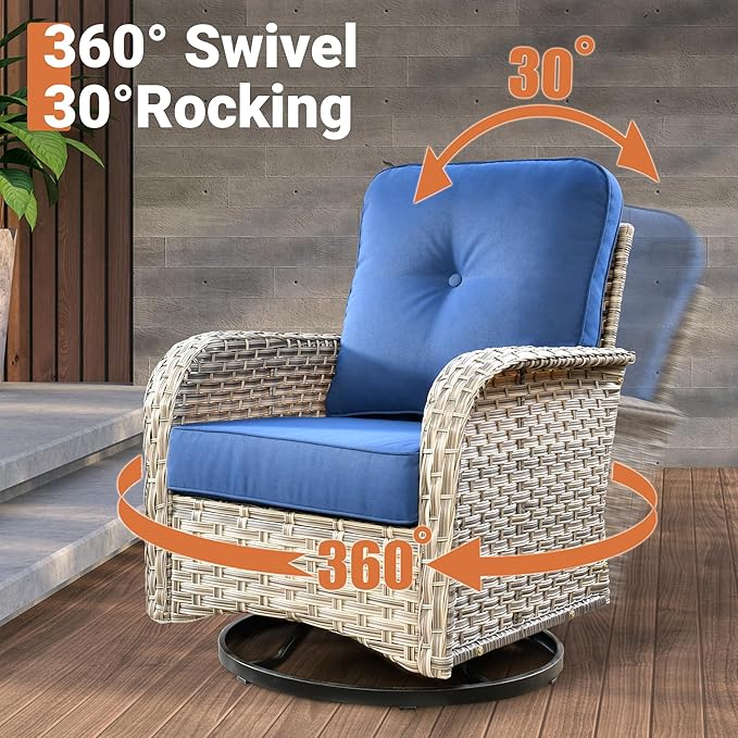 ovios 8 Piece Patio Sectional Furniture with Swivel Rocking Chairs, Rattan Wicker Coversation Set with Glowing Coffee Table, Outdoor Sofa Set for Outside Porch Balcony Backyard Pool, Navy Blue