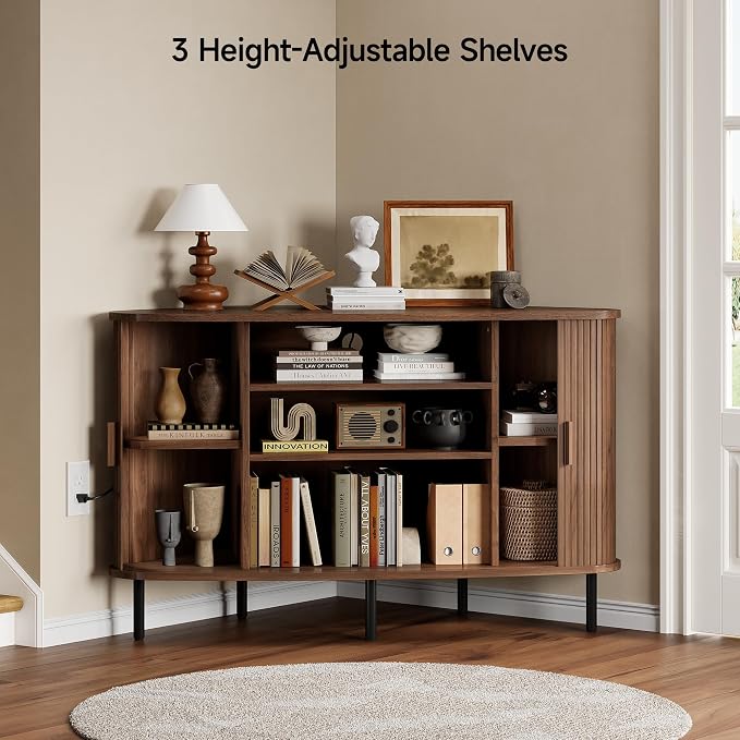 ONBRILL 47" Corner TV Stand, Fluted TV Cabinet with Sliding Doors Fits up to 55 Inch TVs, Modern Corner Entertainment Center with Power Outlet, Wood Media Console Table with Storage,Walnut - Image 4