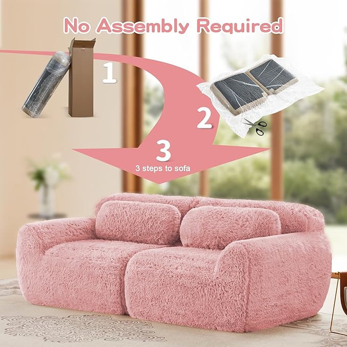 80.4-Inch Boneless Love Seat Couches in a Box, Modern 2 Seat Floor Modular Foam Cloud Sofa Faux Fur Loveseat Couch W/Angle Armrests for Home Apartments Bedroom