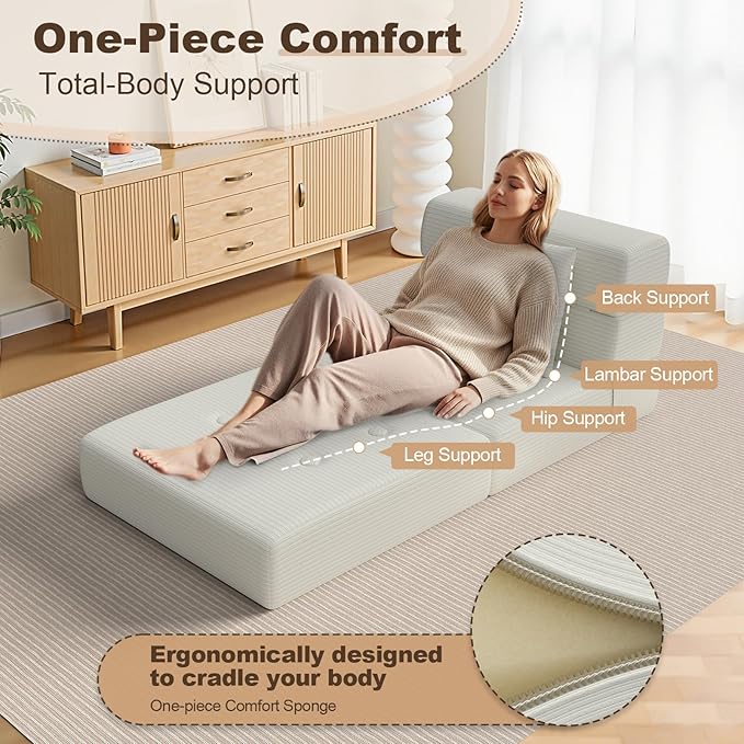 Folding Sofa Bed, Convertible Sleeper Chair & Couch Bed with Pillow, One-Piece High-Density Sponge Mattress, Multi-Purpose Corduroy Floor Sofa for Living Room, Office, Apartment, Beige, Single