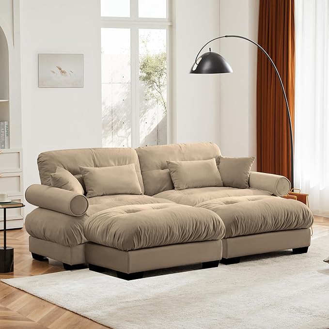KEIKI 94" Oversized Velvet Modular Sectional Loveseat Sofa with 2 Ottoman, High-Density Foam Cushions and Bolstered Armrests, Upholstered 2-Seater Cloud Couch with 4 Pillow, for Living Room, Camel