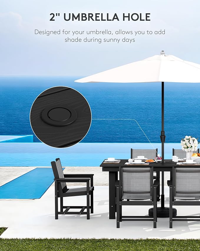 SERWALL Patio Dining Sets for 6, Outdoor HDPE Dining Set with Umbrella Hole Cut-Out Table and 6 Woven Chairs, Black - Image 4
